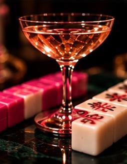 A pink cocktail beside mahjong tiles