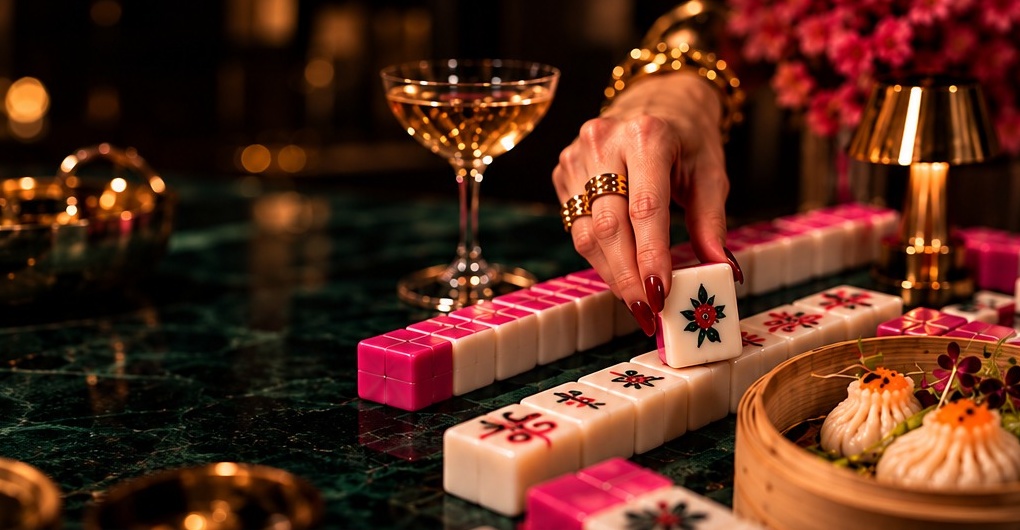A guest placing a mahjong tile beside cocktails and dim sum