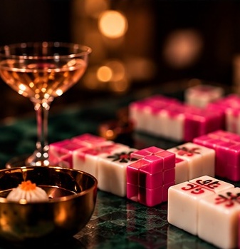 Mahjong tiles, cocktails, and dim sum arranged on a green table
